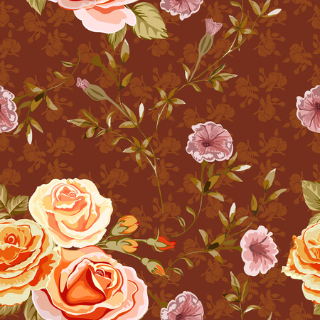 Trendy floral background with yellow, orange roses flowers in style watercolor on a red brown. Blooming botanical motifs scattered random. Vector seamless pattern for fashion prints.のイラスト素材