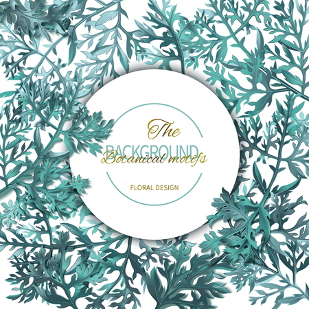 White round banner with blue exotic leaves wormwood on white background. Vector tropical botanical designのイラスト素材