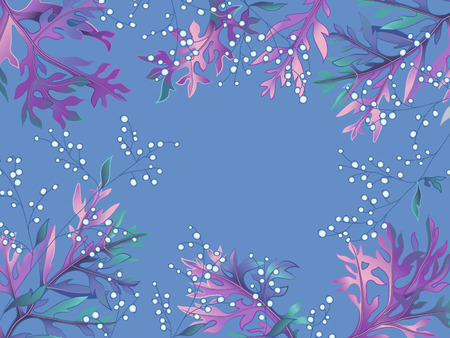 Tropical background with framing of colorful bright wormwood leaves and small flowers on blue. Vector floral banner, posterのイラスト素材