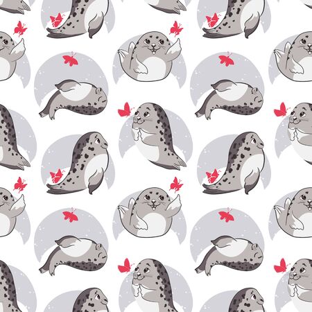 Background with cute cartoon baby Seal, Harp Seal Pup.のイラスト素材