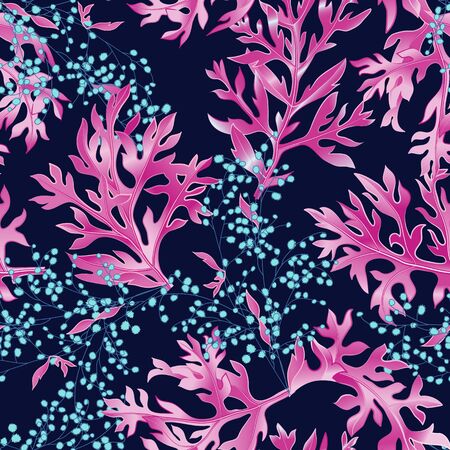 Seamless pattern with colorful tropical leaves and little flowers on dark blue background.のイラスト素材