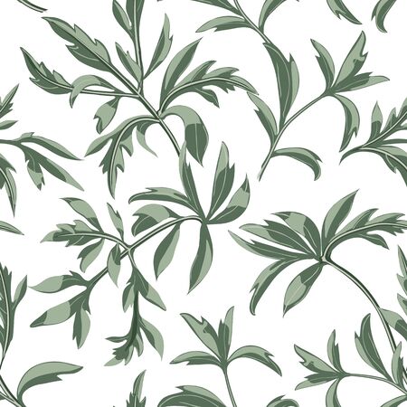 Trendy floral background of twigs with leaves scattered random on white.のイラスト素材