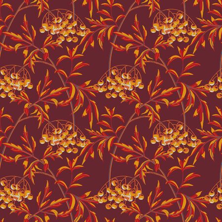 Black elderberry branch with berries and leaves on maroon background. Vector seamless pattern.のイラスト素材