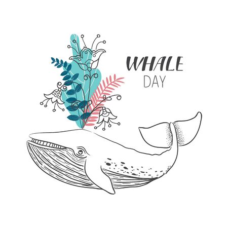 Drawn whale with flowers and leafs. Tattoo art, graphic, t-shirt design, postcard, poster design. Vector illustration in line art style, hand drawn clipart, lettering.のイラスト素材