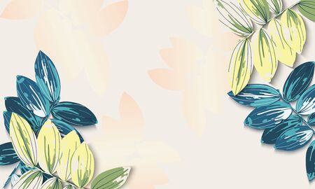 Banner with yellow and aquamarine tropical leaves on light background. Exotic botanical design.のイラスト素材