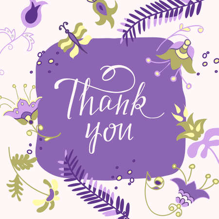 Thank you, lettering. card with flowers and butterfly in Scandinavian style.のイラスト素材