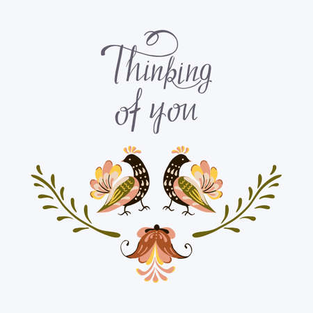 Vector greeting card with flowers and birds in russian folk art painting styleのイラスト素材