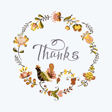 Vector floral ornament round frame with flowers and bird in russian folk art painting styleのイラスト素材