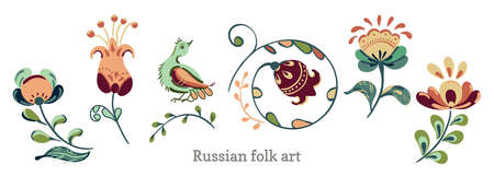 Flowers and birds in russian folk art painting style. Vector set of floral elements for design.のイラスト素材