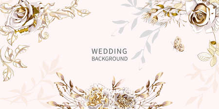 Floral banner arranged from leaves and golden roses.のイラスト素材