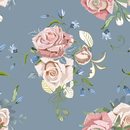 Wedding floral bouquets of peach cream roses and bluebells on grey blue background.のイラスト素材