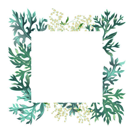Floral banner square frame with wormwood leaves and flowers on white background.のイラスト素材