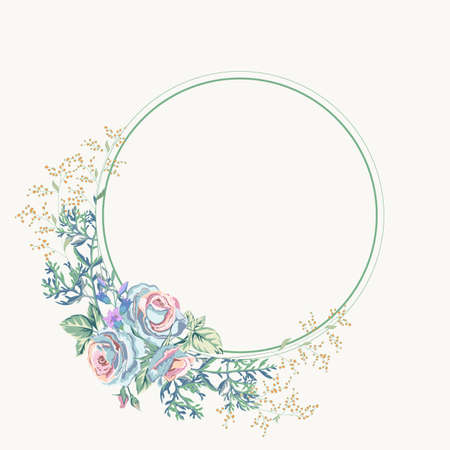 round empty banner and floral bunch with beautiful roses, wild flowers, wormwood plantのイラスト素材