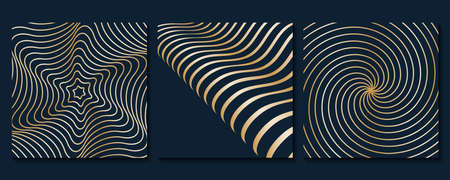 Set of gold on black poster with geometric shapes. Abstract background with liquid wavy lines art. Op art design.のイラスト素材