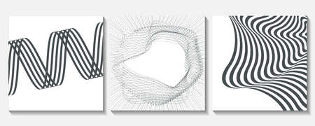 Set of black and white poster with geometric shapes. Abstract background with liquid wavy lines art. Op art design.のイラスト素材