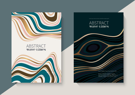 Abstract linear wave compositions with gradient gold lines. Modern posters design with marble pattern.のイラスト素材