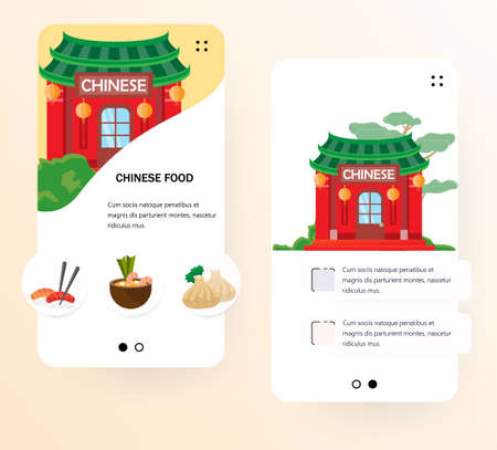 Chinese food Mobile app onboarding screens. Vector banner template for website and mobile development. Web site design flatのイラスト素材