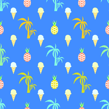 Seamless pattern of ice cream, palm, summer, pineapple, flat design, fruit, background packingのイラスト素材
