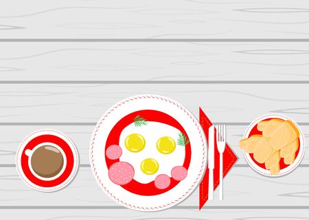 Delicious scrambled eggs, breakfast on a wooden tableのイラスト素材