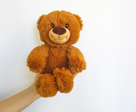 Hand holding a teddy bear toy isolated on a white backgroundの写真素材