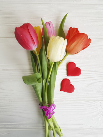 bouquet of colored tulips on a white backgroundの写真素材