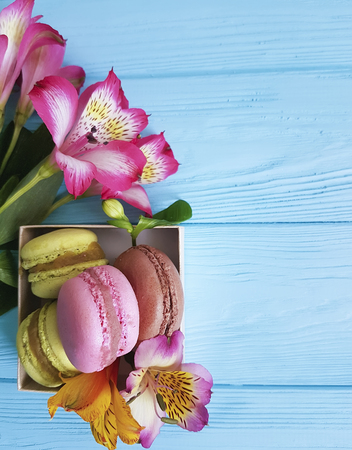 alstroemeria flower, macaron colored wooden background, breakfastの写真素材