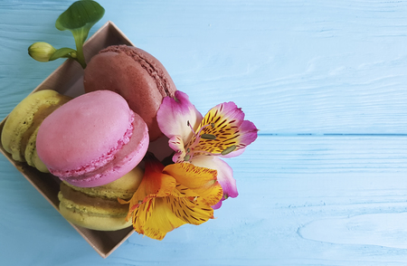alstroemeria flower, macaron colored wooden background, breakfastの写真素材