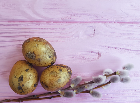 quail eggs easter branch of a willow on a pink wooden backgroundの写真素材