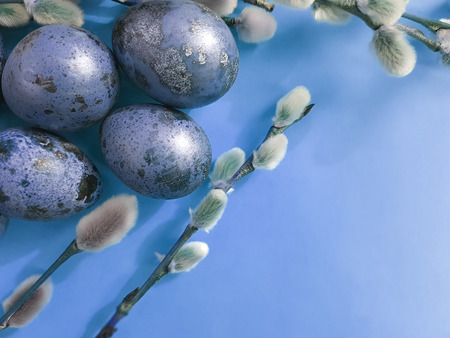 quail eggs easter branch of a willow on an orange backgroundの写真素材