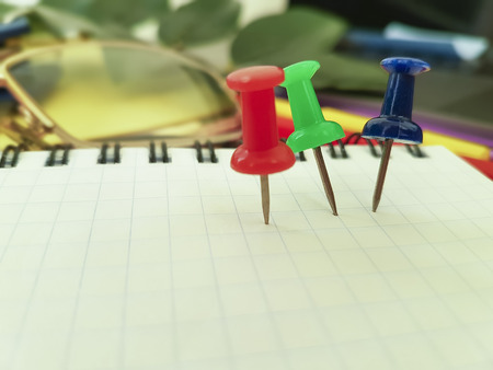pushpin notepad office, glasses, keys, plantの写真素材