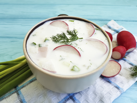 cold soup with yogurt on blueの写真素材