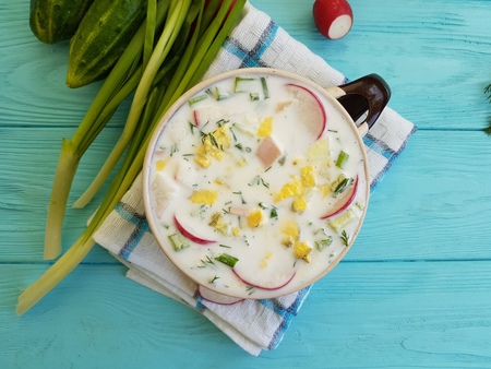 cold soup with yogurt on blueの写真素材