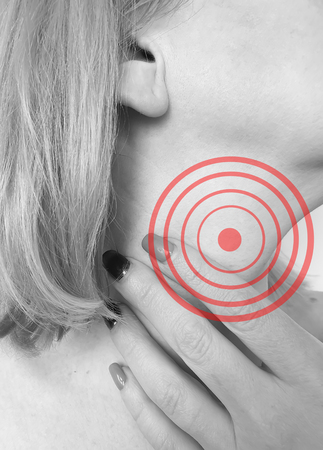 woman sore throat symptom disease inflammation badの写真素材