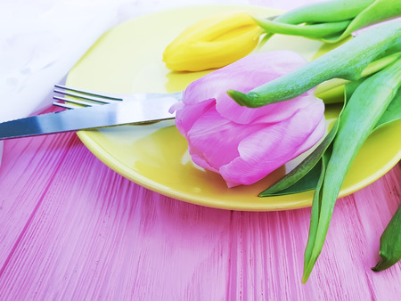flower tulip plate on a pink woodenの写真素材