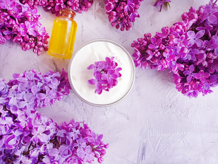 cosmetic cream, oil lilac flowerの写真素材