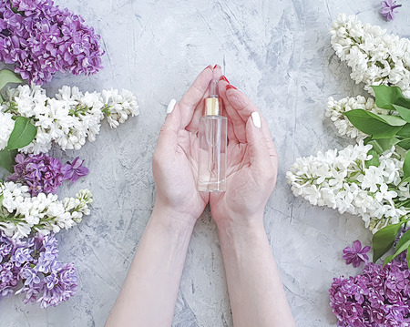 female hands manicure cream cosmetic flower lilacの写真素材