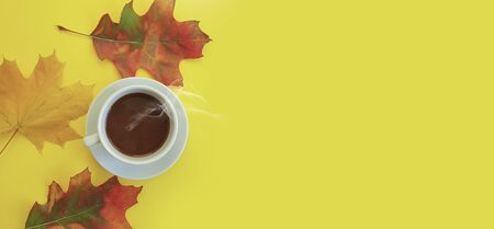 cup of coffee autumn leavesの写真素材