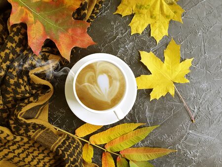 cup of coffee autumn leaves on concrete