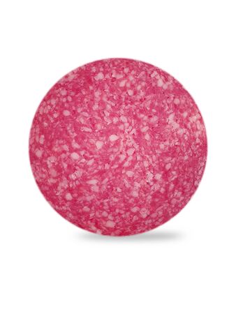 salami sausage slice isolated on white backgroundの写真素材