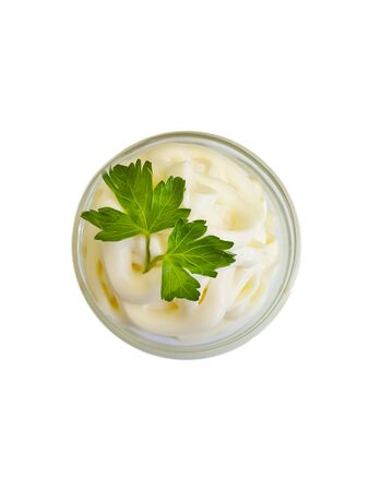 mayonnaise in glass, parsley isolated mousse homemadeの写真素材