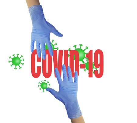 hand in a medical glove isolated on a white background, epidemicの写真素材