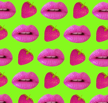 beautiful lips, strawberry collage pattern on a colored backgroundの写真素材