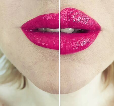 Closeup woman, beautiful painted lips, before and after