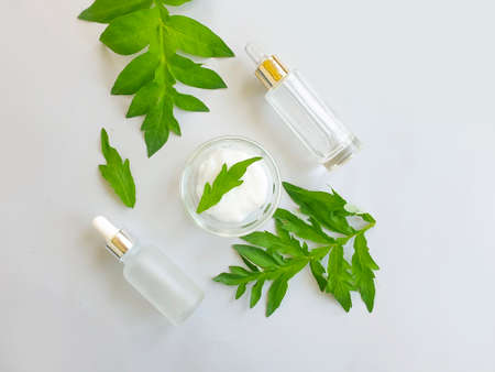 cream cosmetic sheet on colored backgroundの写真素材