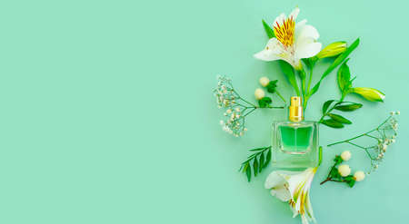 bottle of perfume, flower on a colored background