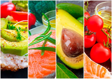 fish, avocado, tomato collage food background