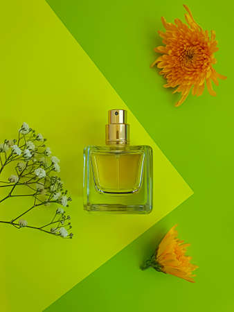 bottle perfume flower on a colored background