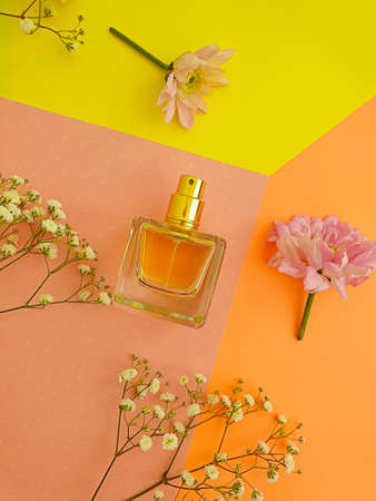 bottle perfume flower on a colored background