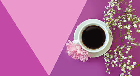 flower coffee cup on colored backgroundの写真素材