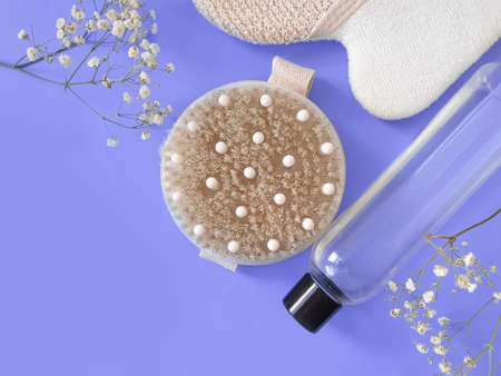 massage brush, oil on a colored backgroundの写真素材